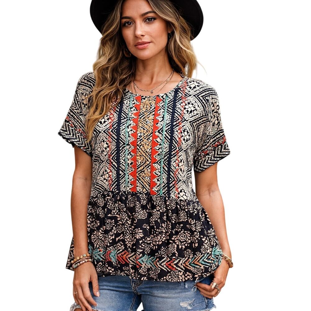 THML Babydoll Top Womens Small Navy Prints Colorful Embroidery Tassel Blouse